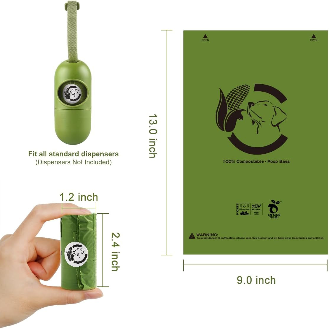 Certified Home Compostable Dog Poop Bags, 270 Plant Based Bags (18 Rolls)
