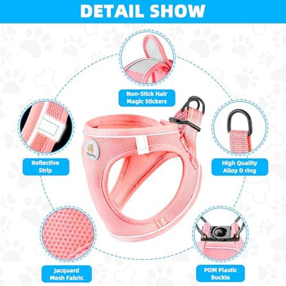 Dog Harness and Leash Set, No Pull Soft Mesh Puppy Harness for Small Medium Dogs, Cats - Step in Reflective Breathable Lightweight Vest Harness for Walking, Training - Pink, XS